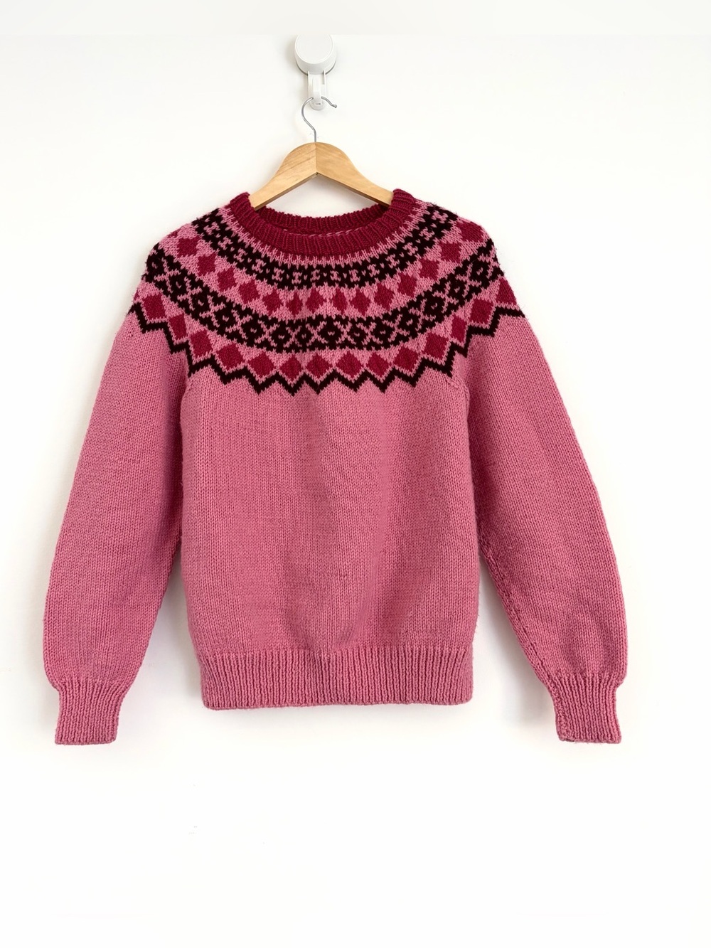 Vintage Handmade Pink Nordic Fair Isle Wool Sweater - Size S